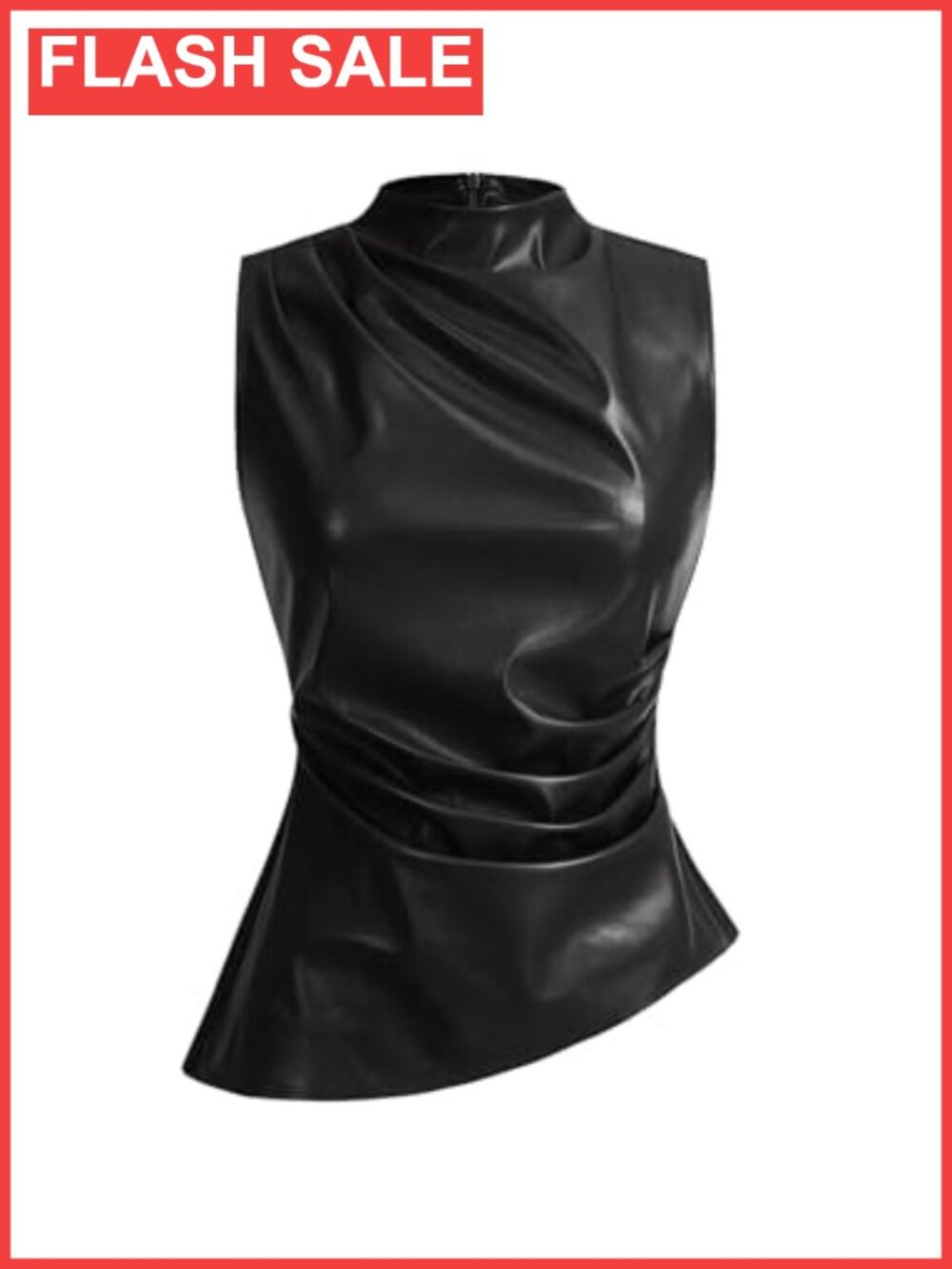 Faux Leather Mock Neck Pleated Sleeveless Asymmetrical Tank Top
